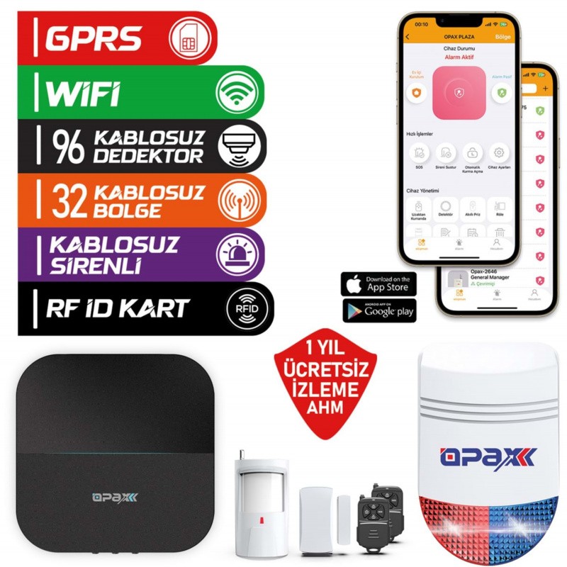 OPAX-W20-Siyah+BGR-09 Gprs I Wıfı & BGR-09 Kablosuz Sirenli Alarm Sistemi (1 Yıl AHM Ücretsiz)