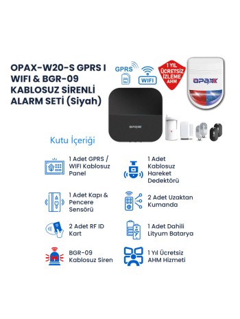 OPAX-W20-Siyah+BGR-09 Gprs I Wıfı & BGR-09 Kablosuz Sirenli Alarm Sistemi (1 Yıl AHM Ücretsiz)