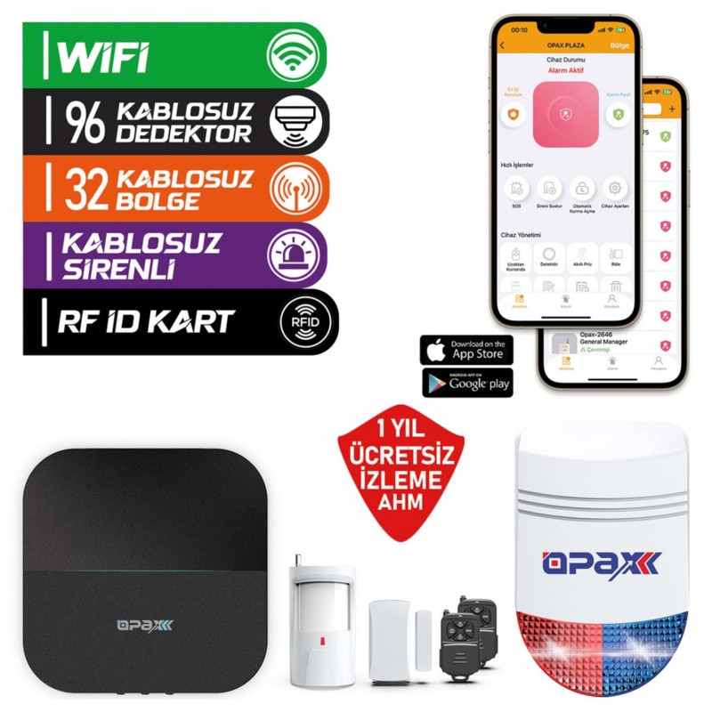 OPAX-W20-W-Siyah +BGR-O9 Sadece Wıfı& BGR-09 Kablosuz Sirenli Alarm Sistemi (1 YIL AHM Ücretsiz)