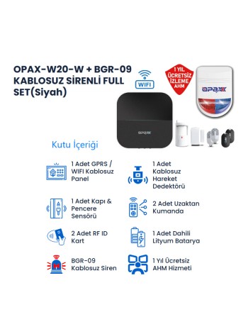 OPAX-W20-W-Siyah +BGR-O9 Sadece Wıfı& BGR-09 Kablosuz Sirenli Alarm Sistemi  (1 YIL AHM Ücretsiz)