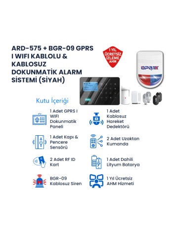 ARD-575+ BGR-09 GPRS/GSM/WIFI Kablosuz  Alarm Paneli ve BGR-09 Kablosuz Sirenli (1 Yıl AHM Ücretsiz)