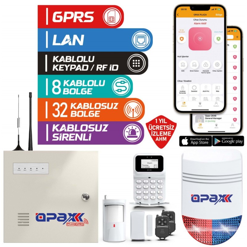 OPAX-2747+BGR-09+Akü GPRS&LAN Alarm Paneli BGR-09 Kablosuz Sirenli Full Set (1YIL AHM Ücretsiz)