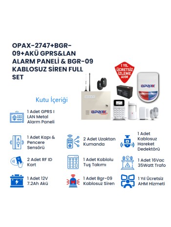 OPAX-2747+BGR-09+Akü GPRS&LAN Alarm  Paneli BGR-09 Kablosuz Sirenli Full Set (1YIL AHM Ücretsiz)