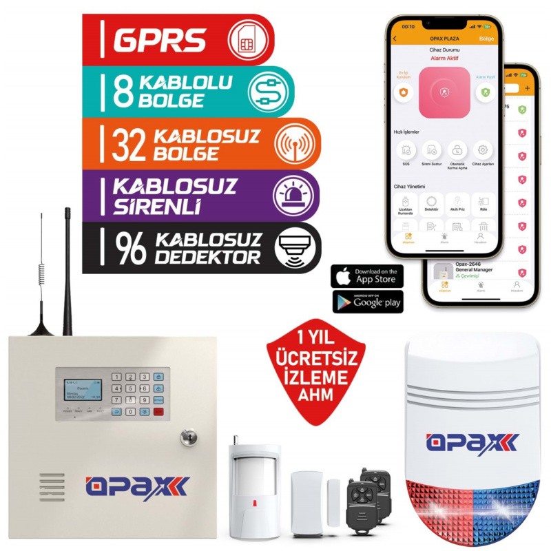 OPAX-2646+BGR-09+ Akü GPRS Alarm Paneli & BGR-09 Kablosuz Sirenli Full Set (1 YIL AHM Ücretsiz)