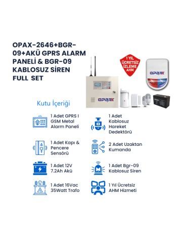 OPAX-2646+BGR-09+ Akü GPRS Alarm  Paneli & BGR-09 Kablosuz Sirenli Full Set (1 YIL AHM Ücretsiz)