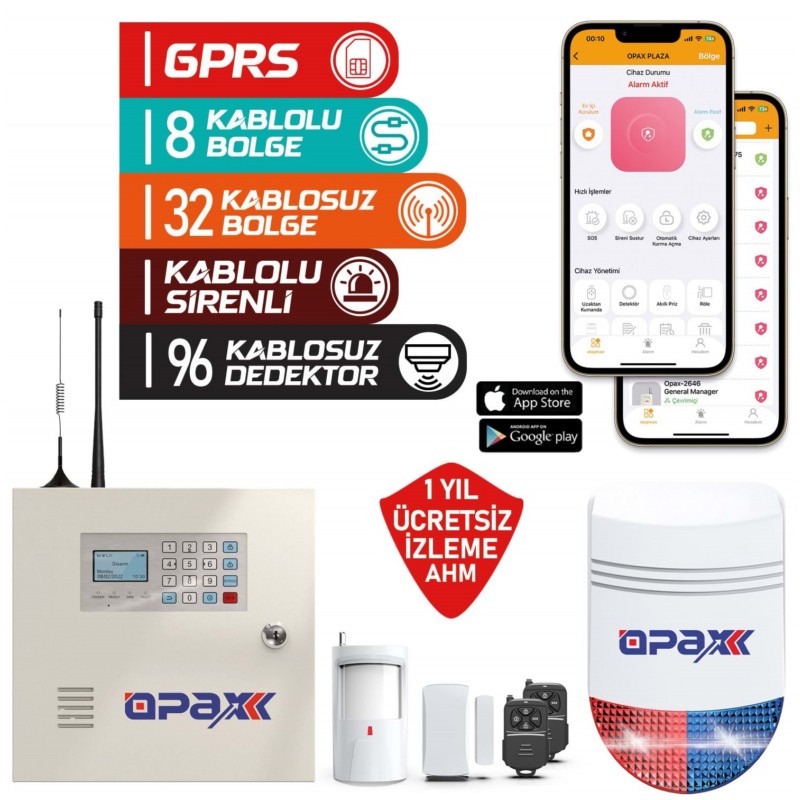 OPAX-2646+BGR-10+ Akü GPRS Alarm Paneli & BGR-10 Kablosuz Sirenli Full Set (1 YIL AHM Ücretsiz)
