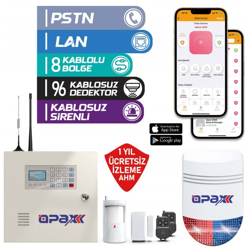 OPAX-2545LAN+BGR+09+Akü Networklü Alarm Paneli &BGR-09 Kablosuz Sirenli Full Set (1 YIL AHM Ücretsiz)