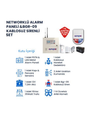 OPAX-2545LAN+BGR+09+Akü Networklü Alarm Paneli &BGR-09 Kablosuz Sirenli Full Set (1 YIL AHM Ücretsiz)