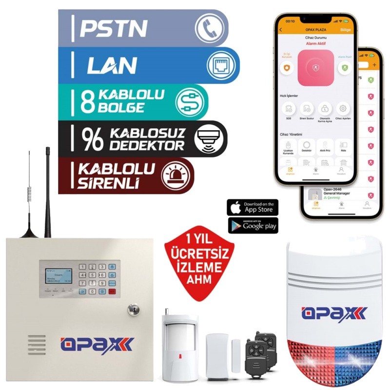 OPAX-2545LAN+BGR+10+Akü Networklü Alarm Paneli &BGR-10 Kablolu Sirenli Full Set (1 YIL AHM Ücretsiz)