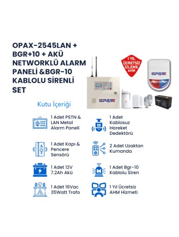 OPAX-2545LAN+BGR+10+Akü Networklü Alarm Paneli &BGR-10 Kablolu Sirenli Full Set (1 YIL AHM Ücretsiz)