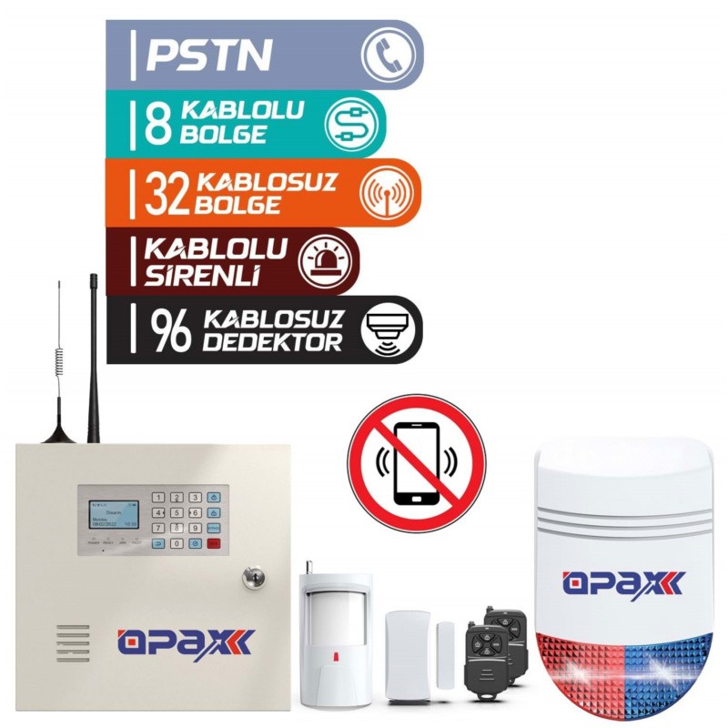 OPAX-2545+BGR-09+AKÜ PSTN Panel & BGR-09 Kablosuz Sirenli Akü Dahil Full Alarm Seti