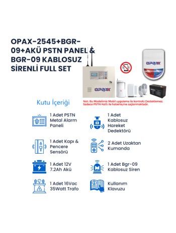 OPAX-2545+BGR-09+AKÜ PSTN Panel & BGR-09 Kablosuz  Sirenli Akü Dahil Full Alarm Seti